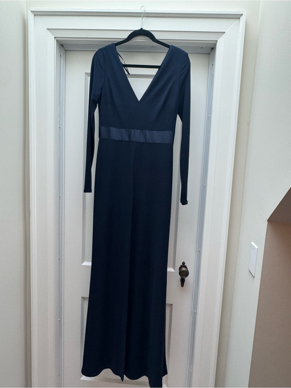 Long Sleeve Vera Wang Deep V Navy Evening Dress